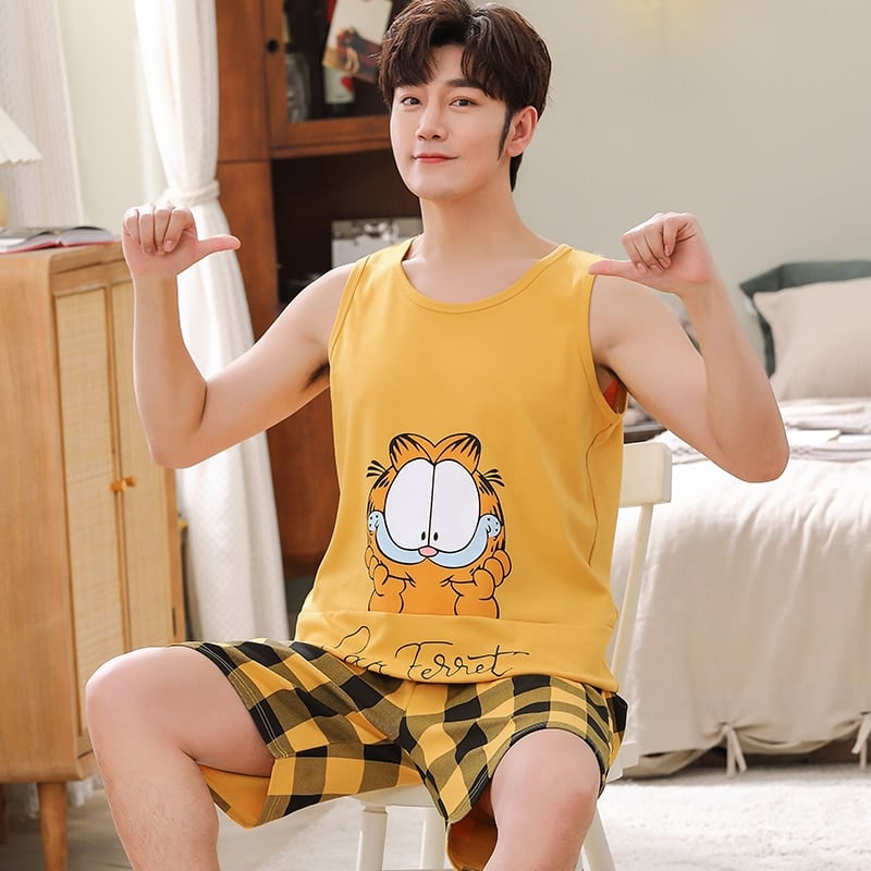 Pyjama d'été en coton sans manches avec imprimé chat Jaune M