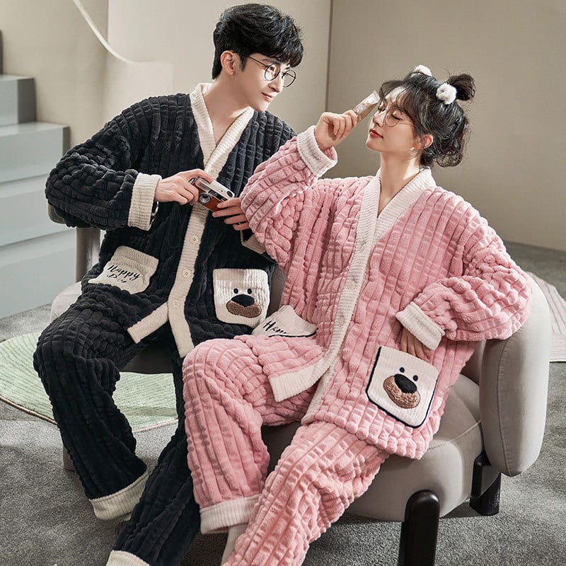 Pyjama d'hiver pour homme et femme en velours à motif chien_1