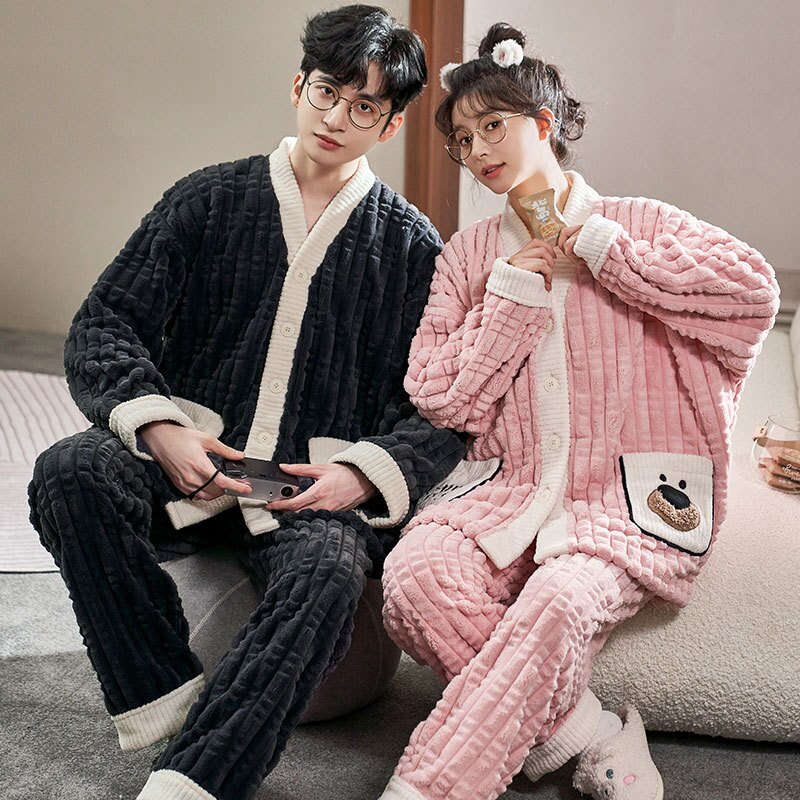 Pyjama d'hiver pour homme et femme en velours à motif chien_2