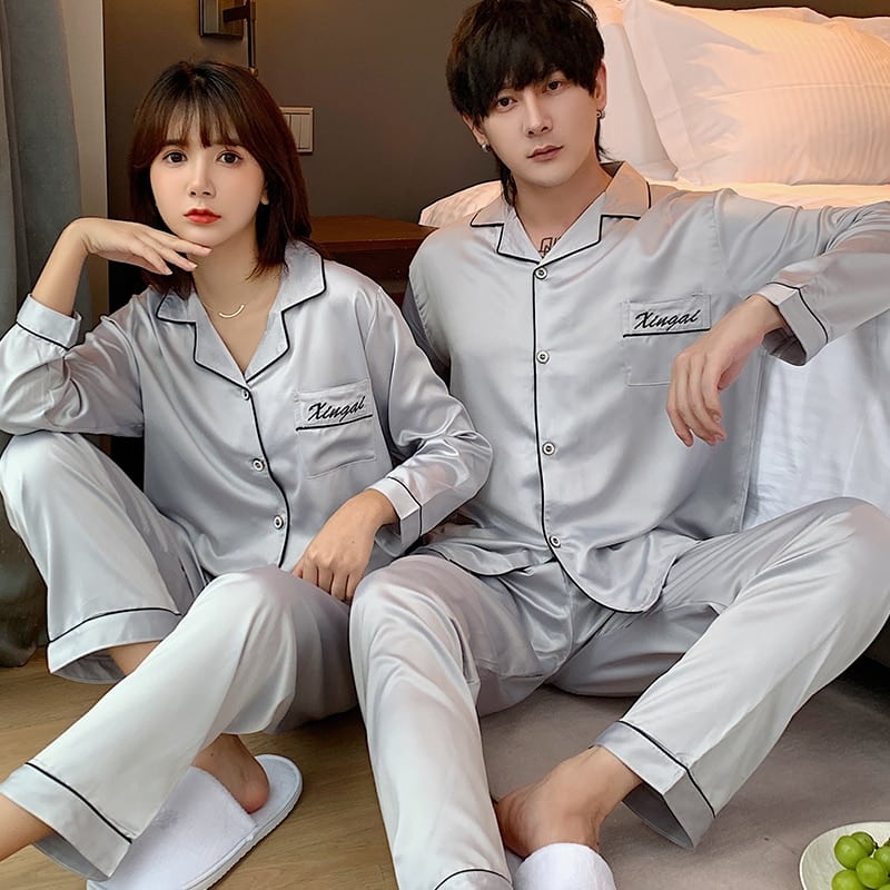 Pyjama de Couple pour amoureux en soie glacée fine_1