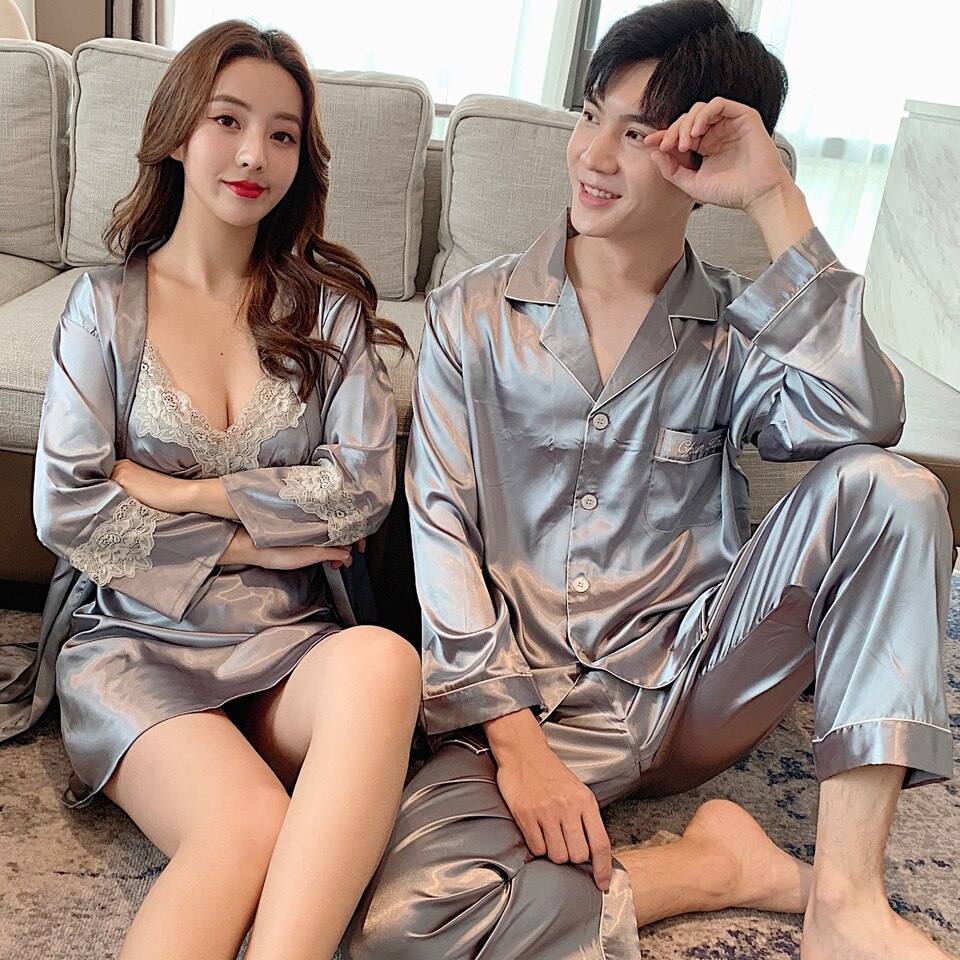 Pyjama de couple décontracté en satin couleur unie Gris Homme XXXL