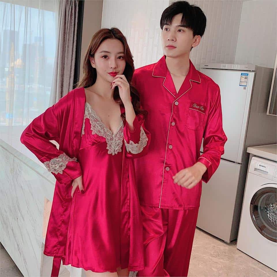 Pyjama de couple décontracté en satin couleur unie Rouge Homme XXXL