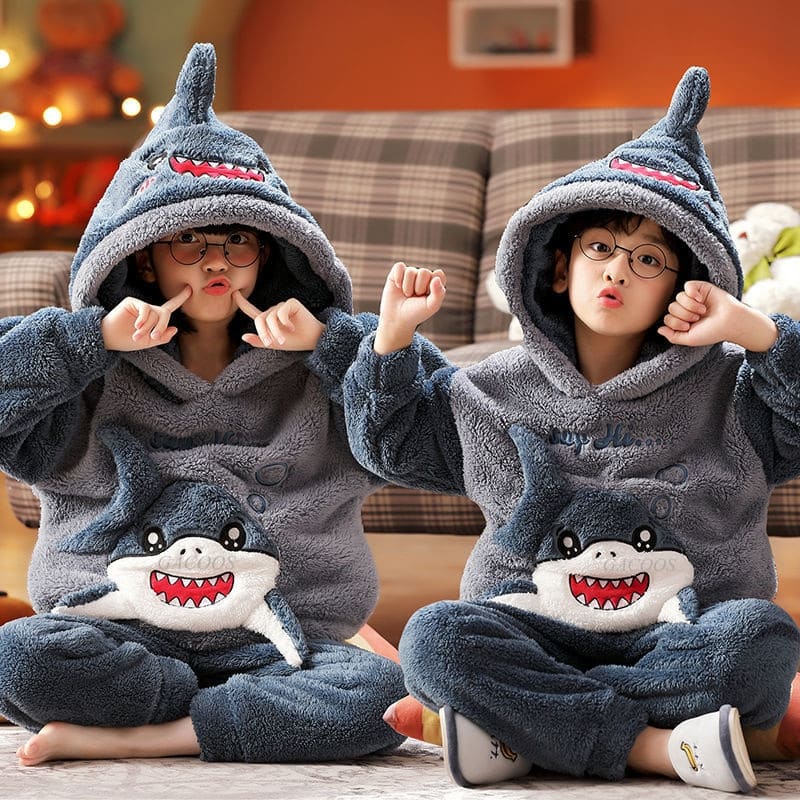 Pyjama décontracté requin pour enfant et adolescent en molleton Gris bleu XL (165-170cm)