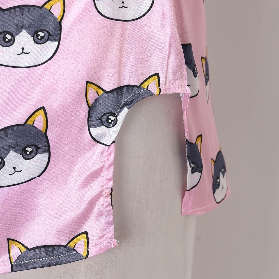 Pyjama en Satin de soie à imprimé chat pour femmes_8