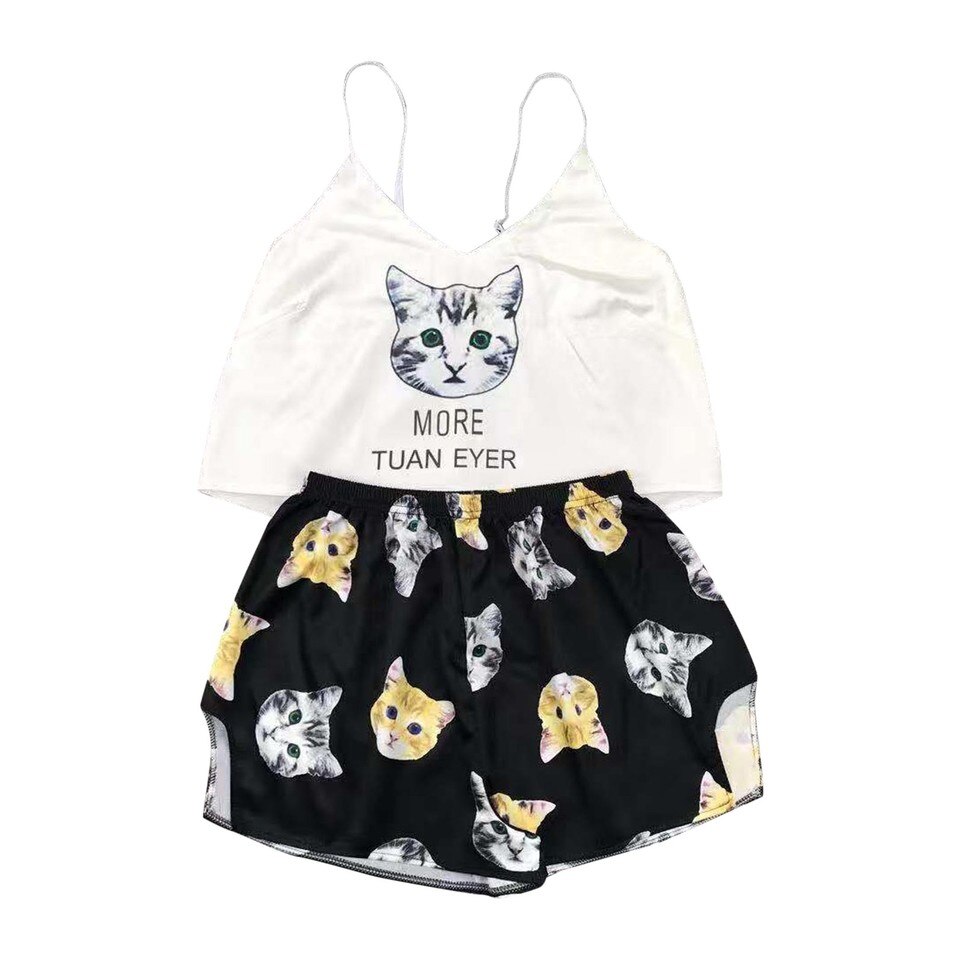 Pyjama en Satin de soie à imprimé chat pour femmes Noire S-M-L-XL Chine