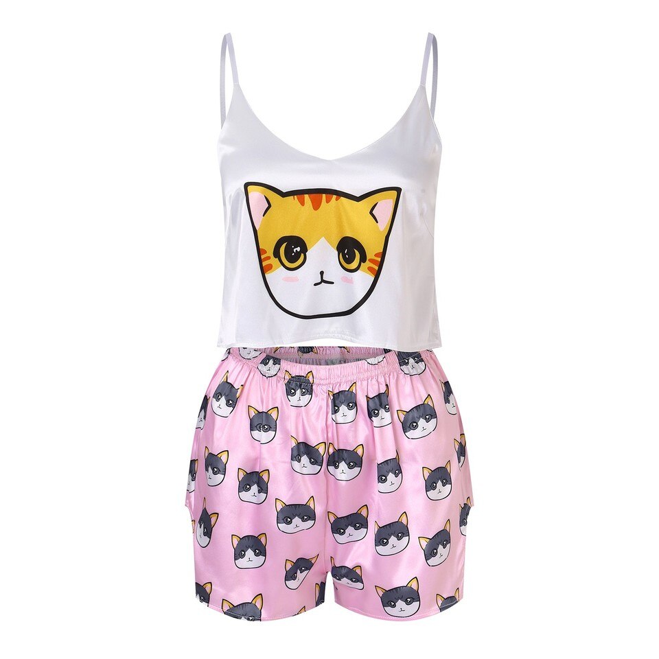 Pyjama en Satin de soie à imprimé chat pour femmes Rose S-M-L-XL Chine