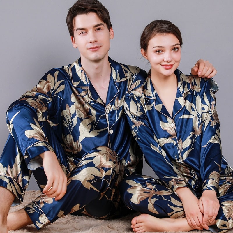 Pyjama en Satin de soie luxe pour couple motif floral_1