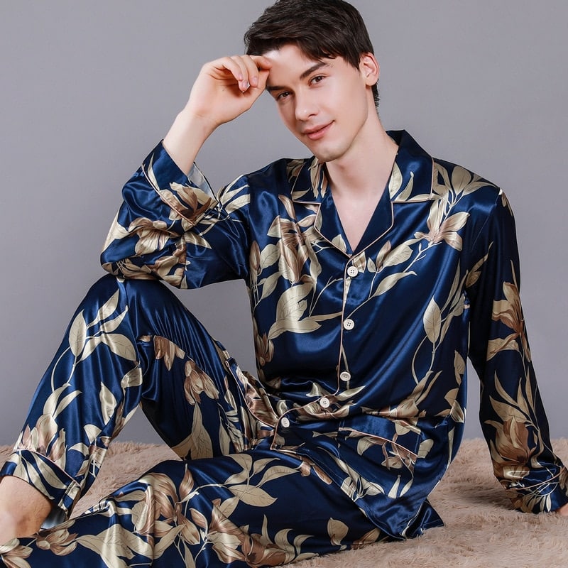 Pyjama en Satin de soie luxe pour couple motif floral_5