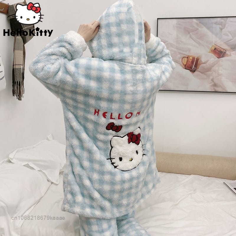 Pyjama en peluche 2 pièces pour femme avec motif chat_1