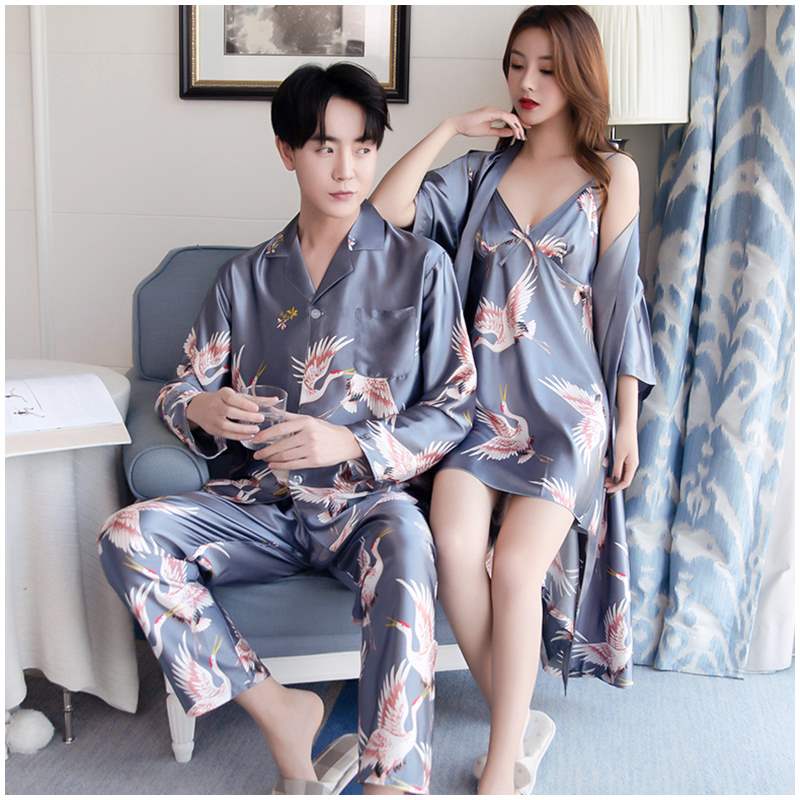 Pyjama en soie glacée pour couple imprimé oiseau_1