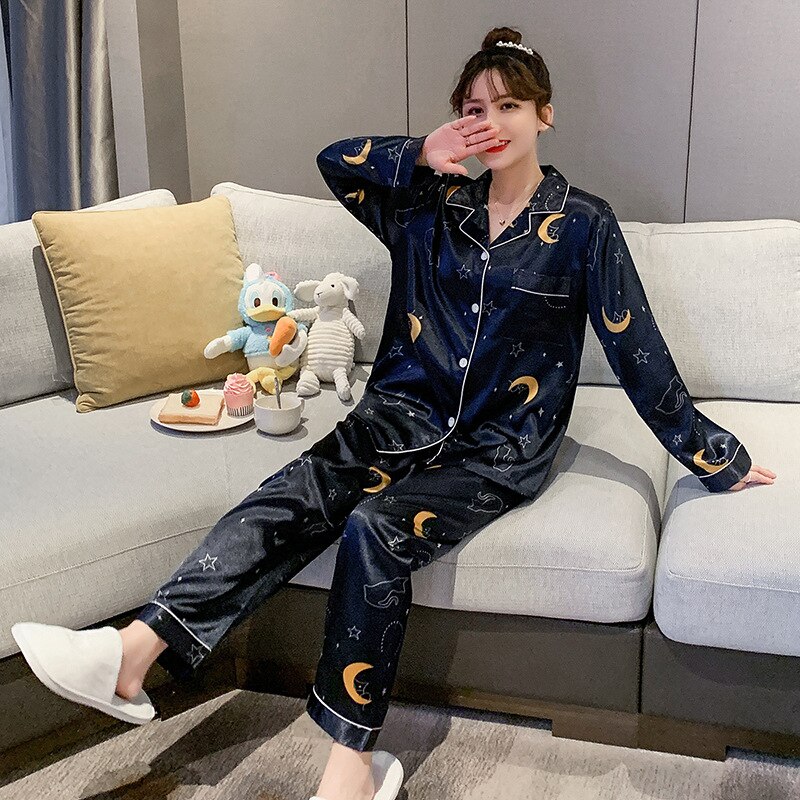 Pyjama en soie pour Couple imprimé lune et étoile