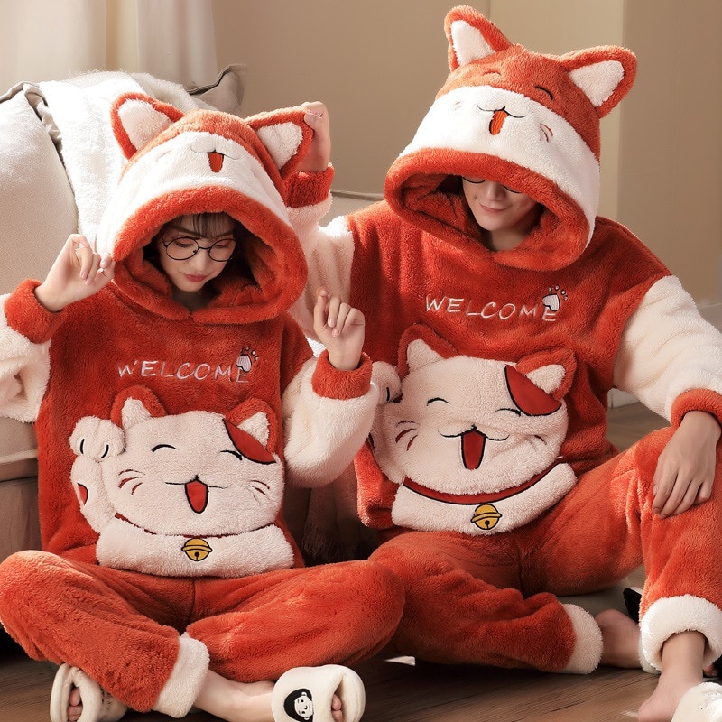 Pyjama épais pour couple à motif de chat avec capuche_6