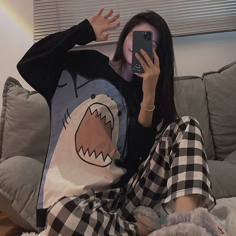 Pyjama manches longues imprimé requin pantalon à carreaux Féminin XXL