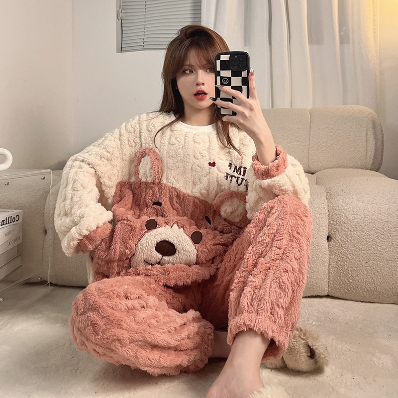 Pyjama mignon doux et épais imprimé ours Rose XXL