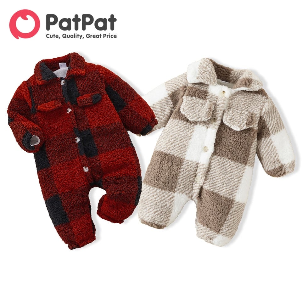 Pyjama polaire barboteuse carreaux  à boutons manches longues pour bébé_1