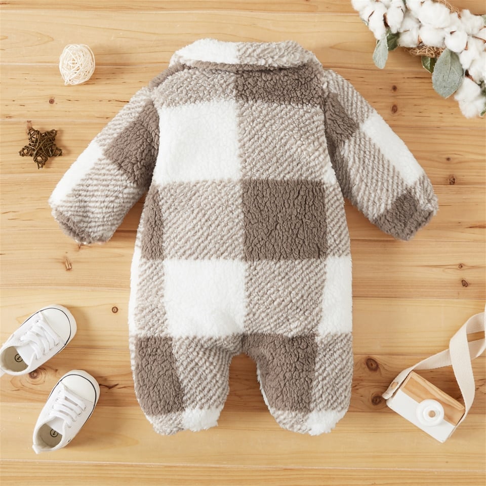 Pyjama polaire barboteuse carreaux  à boutons manches longues pour bébé_2