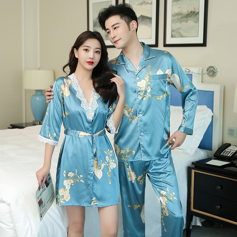 Pyjama sexy en soie à fleurs pour couple Bleu Homme XXXL