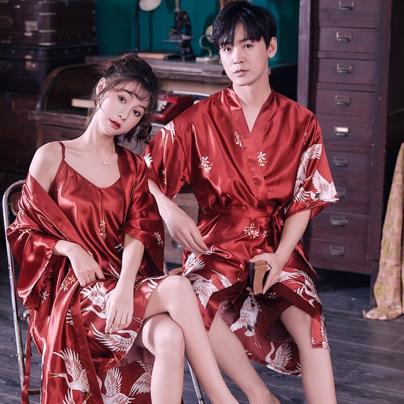 Pyjama style Kimono courte pour couple en satin_1