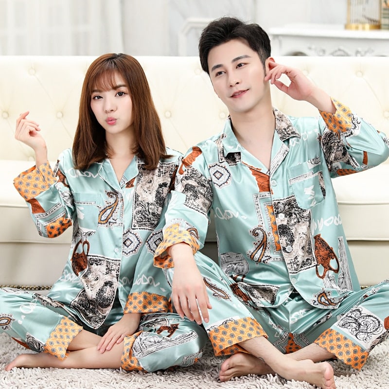 Pyjama stylé à manches longues pour couple en soie_1