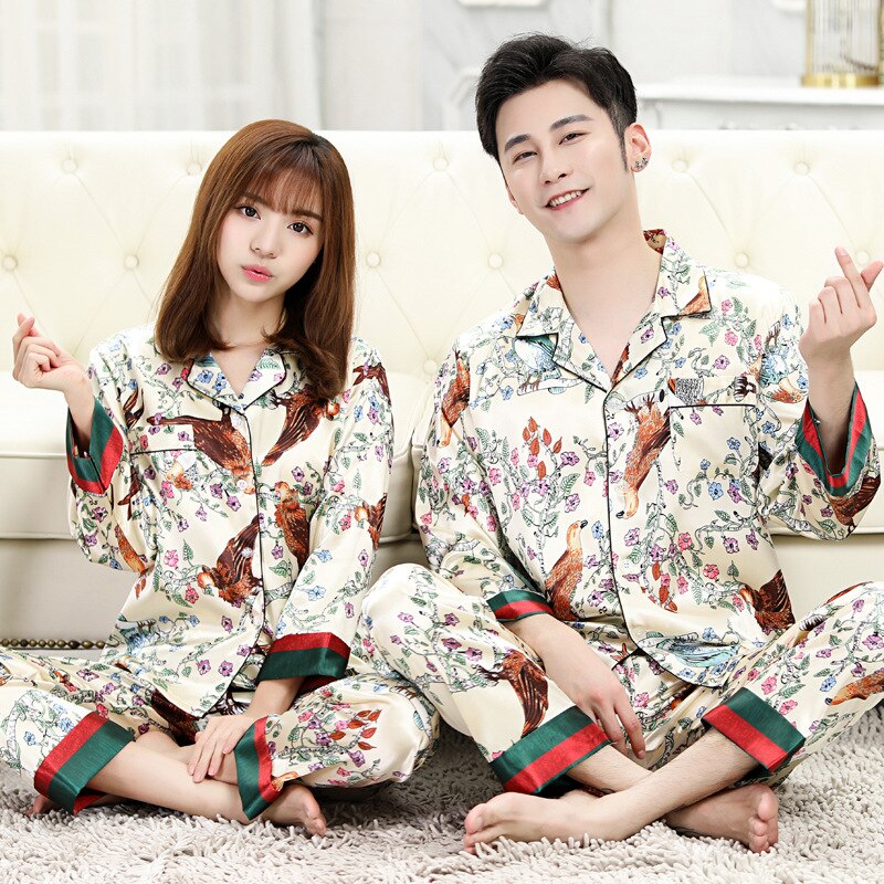 Pyjama stylé à manches longues pour couple en soie_2