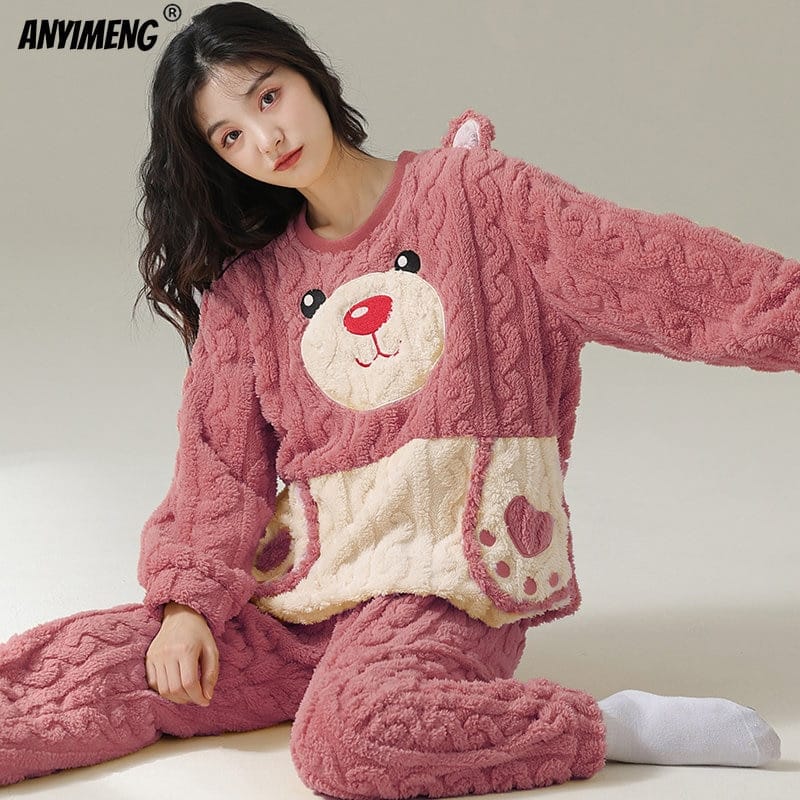 Pyjama thermique ours drôle en flanelle pour femme
